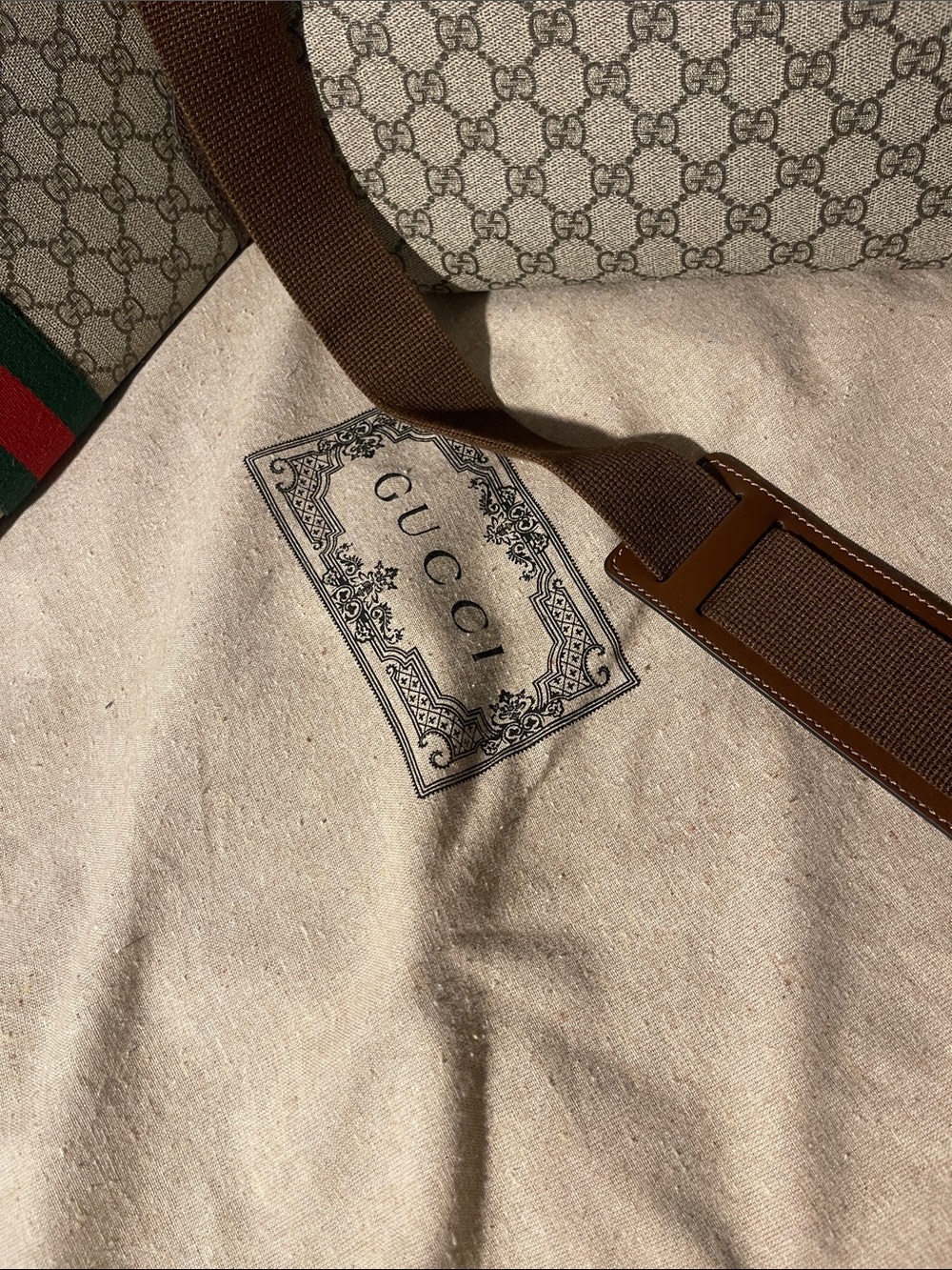 Gucci Beige/Brown GG Supreme Bag with Green-Red Web Stripe & Tote Bag (ITALY) - Picture 6 of 7